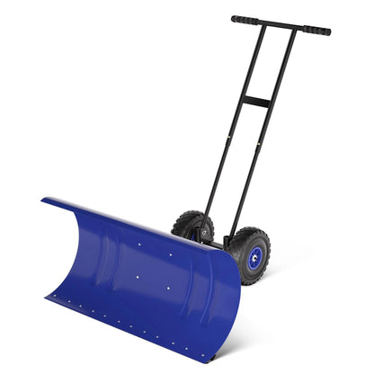 J-BLOOMLTD 36 Inch Snow Pusher with Wheels Heavy Duty Rolling Snow Shovel Adjustable Metal Blade for Driveway and Pavement