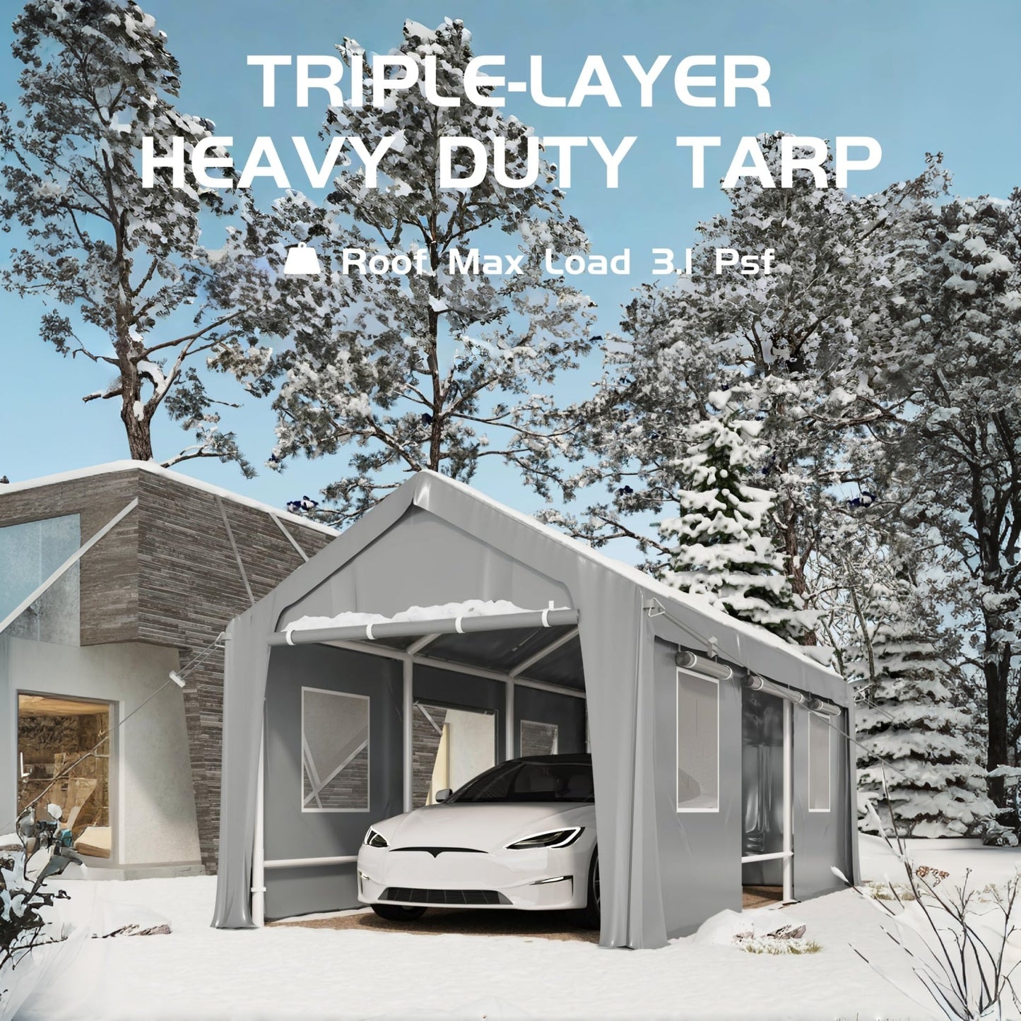 J-BLOOMLTD Heavy Duty Carport Sidewall Replacement Panels, Waterproof 180gsm Triple Layer PE Tarp with Roll Up Doors & Mesh Windows, UV-Protected Garage Side Cover