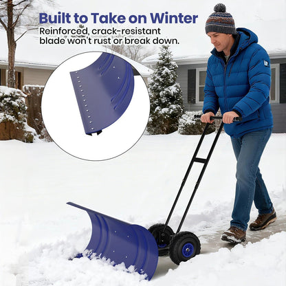 J-BLOOMLTD 36 Inch Snow Pusher with Wheels Heavy Duty Rolling Snow Shovel Adjustable Metal Blade for Driveway and Pavement
