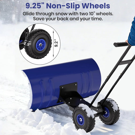 J-BLOOMLTD 36 Inch Snow Pusher with Wheels Heavy Duty Rolling Snow Shovel Adjustable Metal Blade for Driveway and Pavement