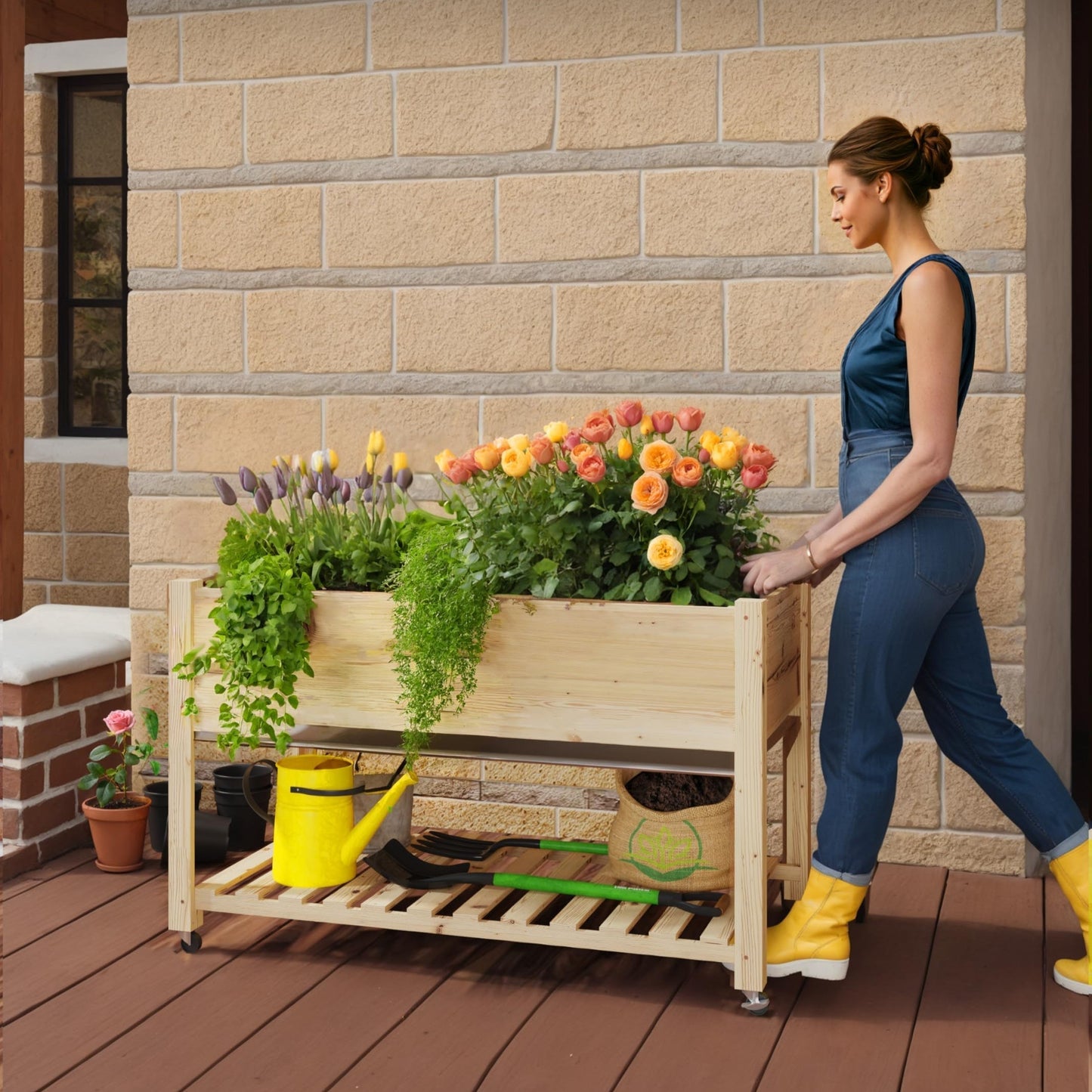 J-BLOOMLTD 48x24 Inch Cedar Raised Garden Bed Elevated Wooden Planter Box on Wheels with Storage Shelf for Herbs and Vegetables Natural