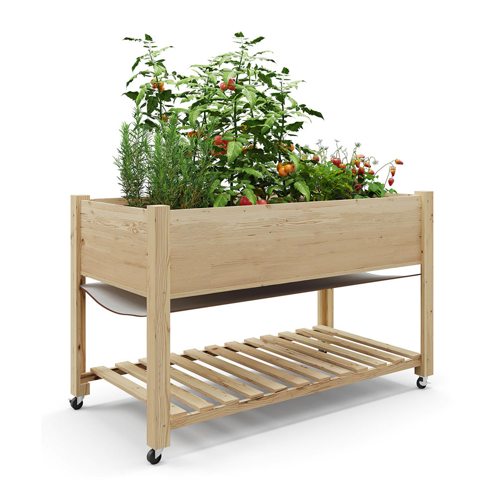 J-BLOOMLTD 48x24 Inch Cedar Raised Garden Bed Elevated Wooden Planter Box on Wheels with Storage Shelf for Herbs and Vegetables Natural