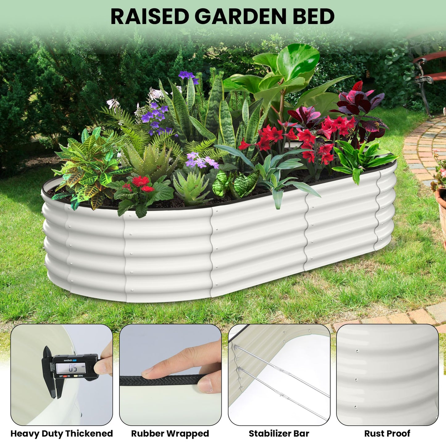 J-BLOOMLTD 183x91x46 cm Galvanized Raised Beds for Outdoor, Oval Raised Garden Bed with Open Base, Tool-Free Assembly Planter Raised Boxes for Outdoor Vegetables & Flowers, White