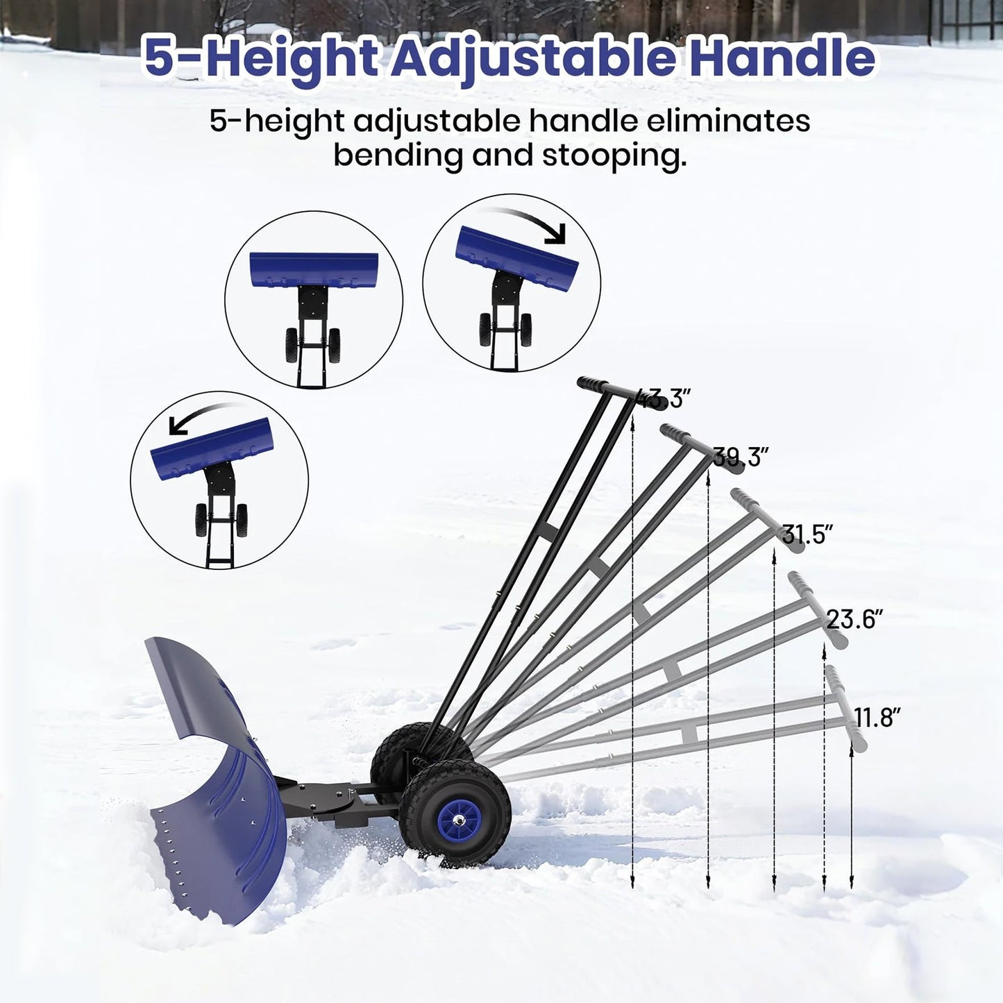 J-BLOOMLTD 36 Inch Snow Pusher with Wheels Heavy Duty Rolling Snow Shovel Adjustable Metal Blade for Driveway and Pavement