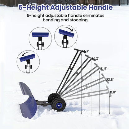 J-BLOOMLTD 36 Inch Snow Pusher with Wheels Heavy Duty Rolling Snow Shovel Adjustable Metal Blade for Driveway and Pavement