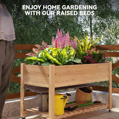 J-BLOOMLTD 48x24 Inch Cedar Raised Garden Bed Elevated Wooden Planter Box on Wheels with Storage Shelf for Herbs and Vegetables Natural