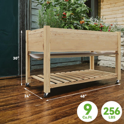 J-BLOOMLTD 48x24 Inch Cedar Raised Garden Bed Elevated Wooden Planter Box on Wheels with Storage Shelf for Herbs and Vegetables Natural