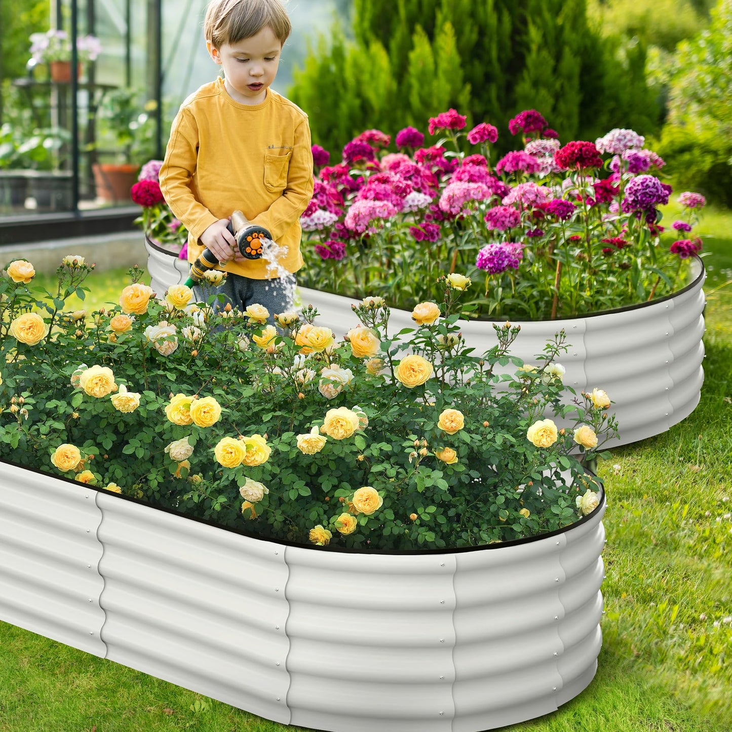 J-BLOOMLTD 183x91x46 cm Galvanized Raised Beds for Outdoor, Oval Raised Garden Bed with Open Base, Tool-Free Assembly Planter Raised Boxes for Outdoor Vegetables & Flowers, White